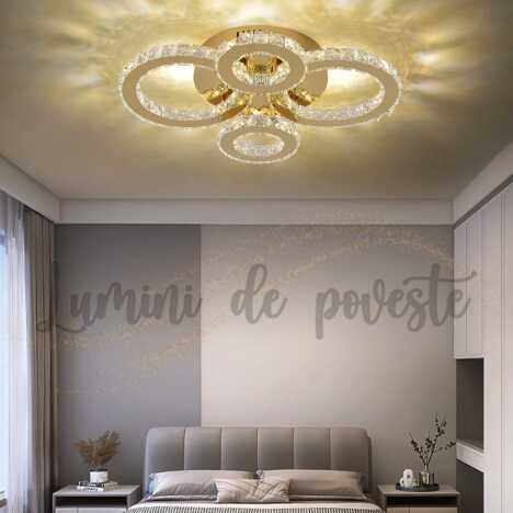 Lustra LED 104W Krystal 4 Gold, LED inclus, 4 surse de iluminare, Telecomanda, Dimabil, Lumina: Cald